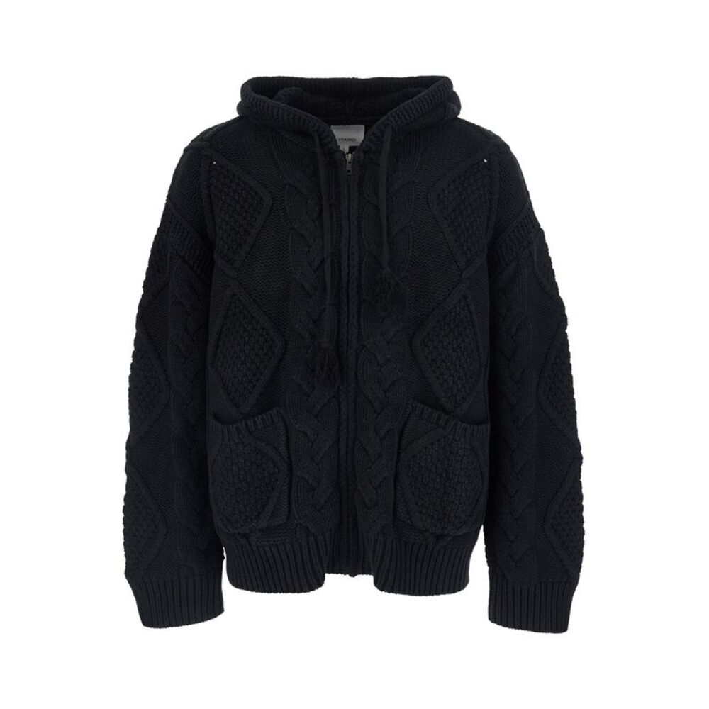Found Men Black Hooded Cardigan With All-Over Embroidery In Wool For Men
